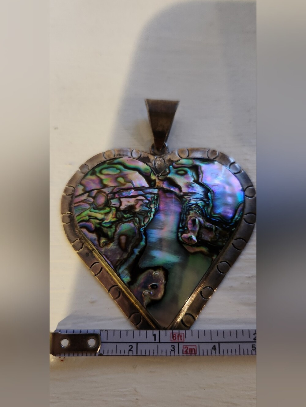 Silver .925 Heart Abalone Pendant Large Iridescent Green Blue Ask Any Questions